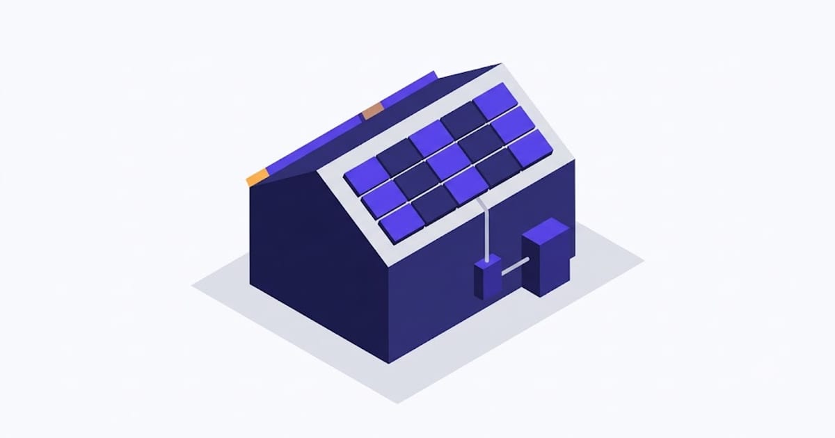 Isometric view of a roof array feeding an inverter and a battery